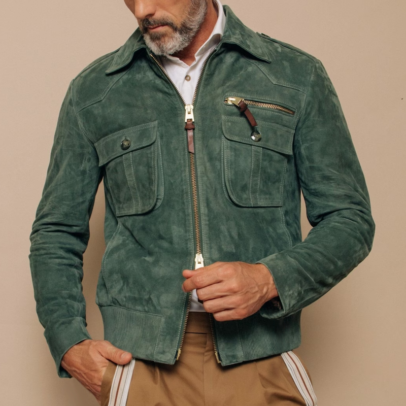Besart® | Men's Retro Lapel Zipper Breast Pocket Suede Jacket 01953047Z