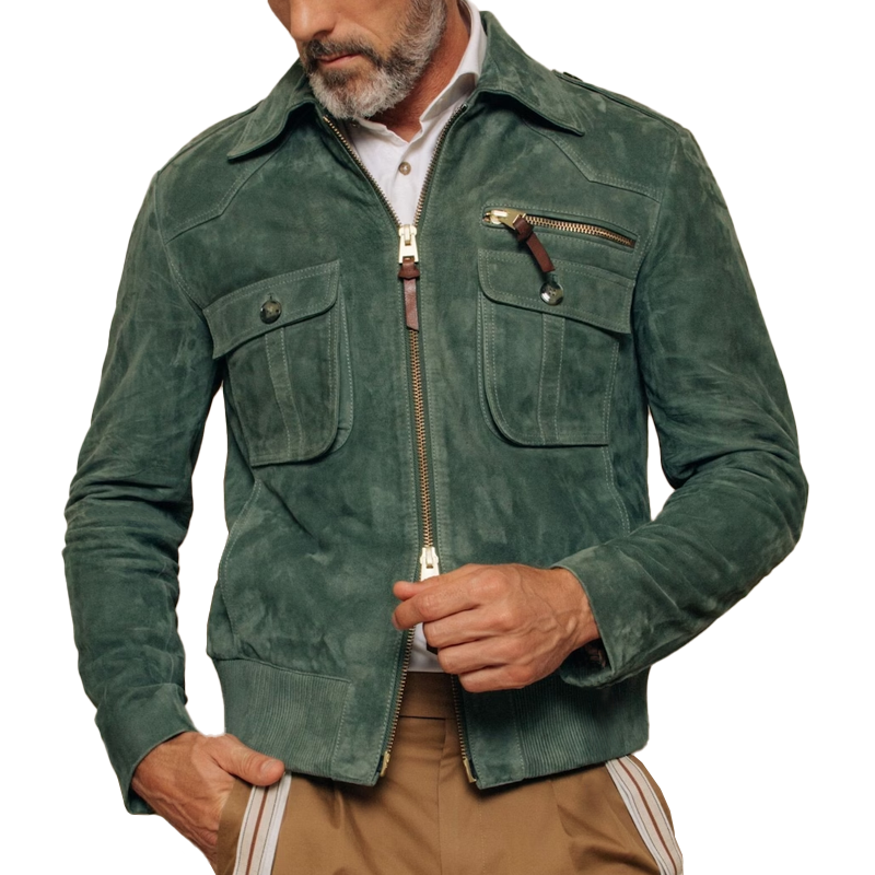 Besart® | Men's Retro Lapel Zipper Breast Pocket Suede Jacket 01953047Z