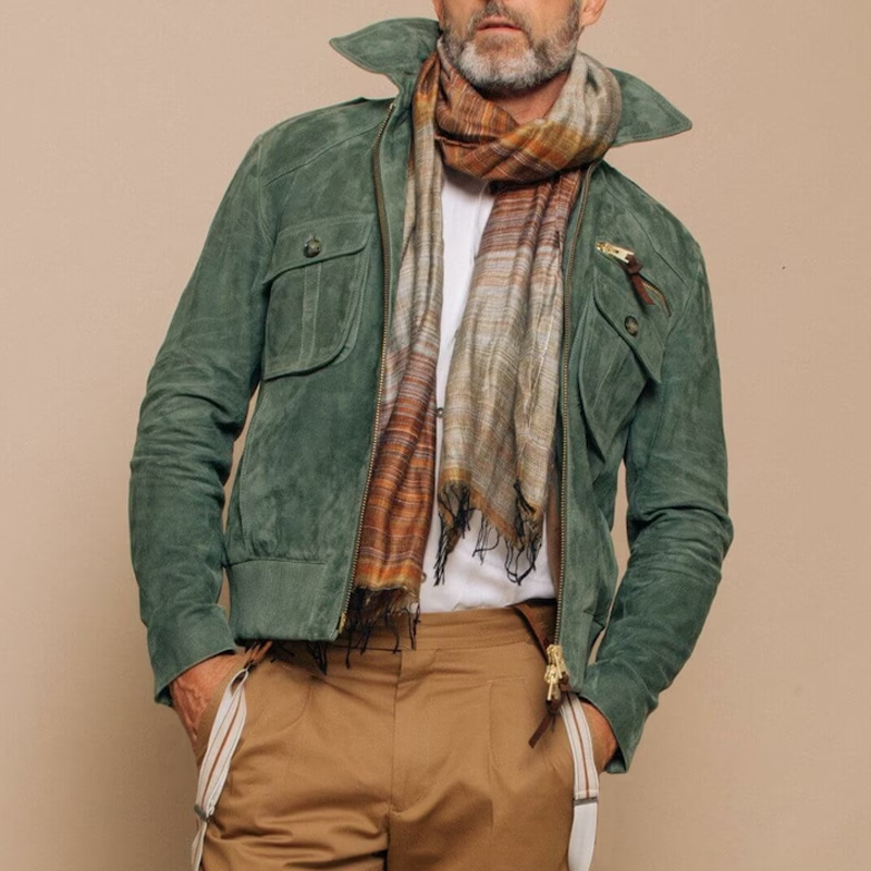 Besart® | Men's Retro Lapel Zipper Breast Pocket Suede Jacket 01953047Z