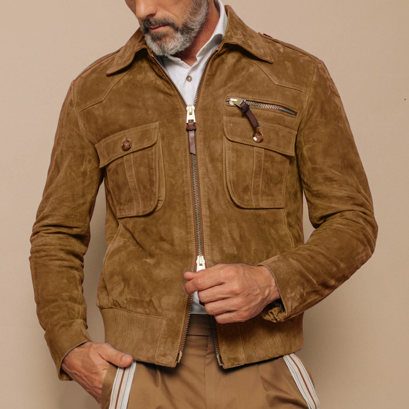 Besart® | Men's Retro Lapel Zipper Breast Pocket Suede Jacket 01953047Z