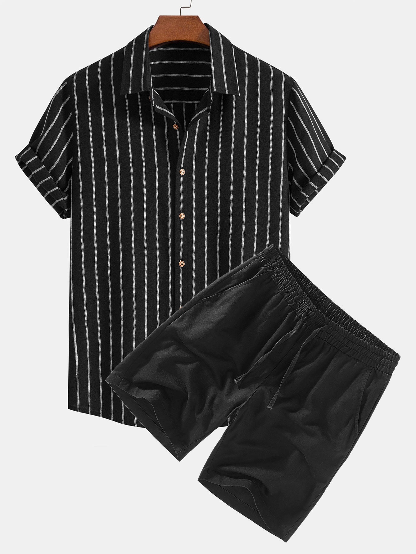 Adelphius® | Cotton Blend Striped Button Up Shirt & Linen Drawstring Shorts