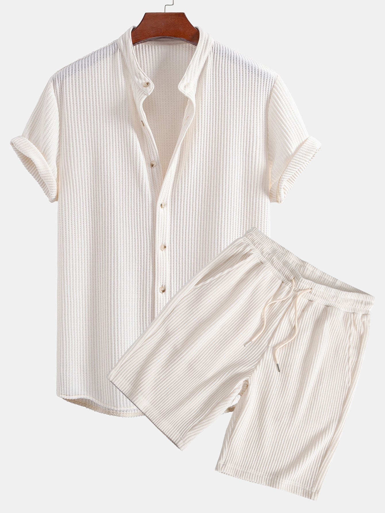 Adelmo® | Waffle Stand Collar Shirt & Drawstring Waffle Shorts