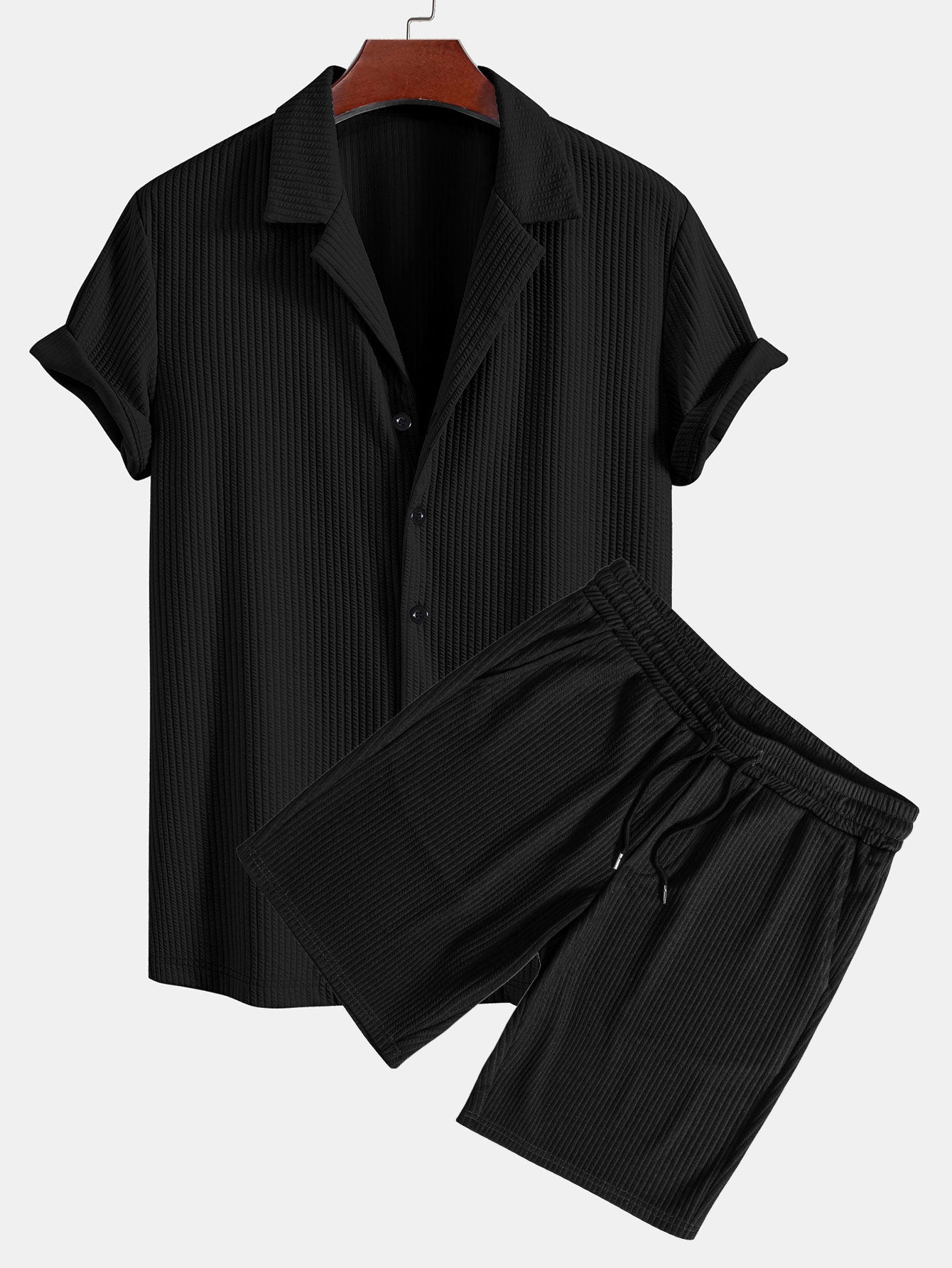 Arnaldo® | Muscle Fit Ribbed Deep Cuban Shirt & Drawstring Ribbed Shorts