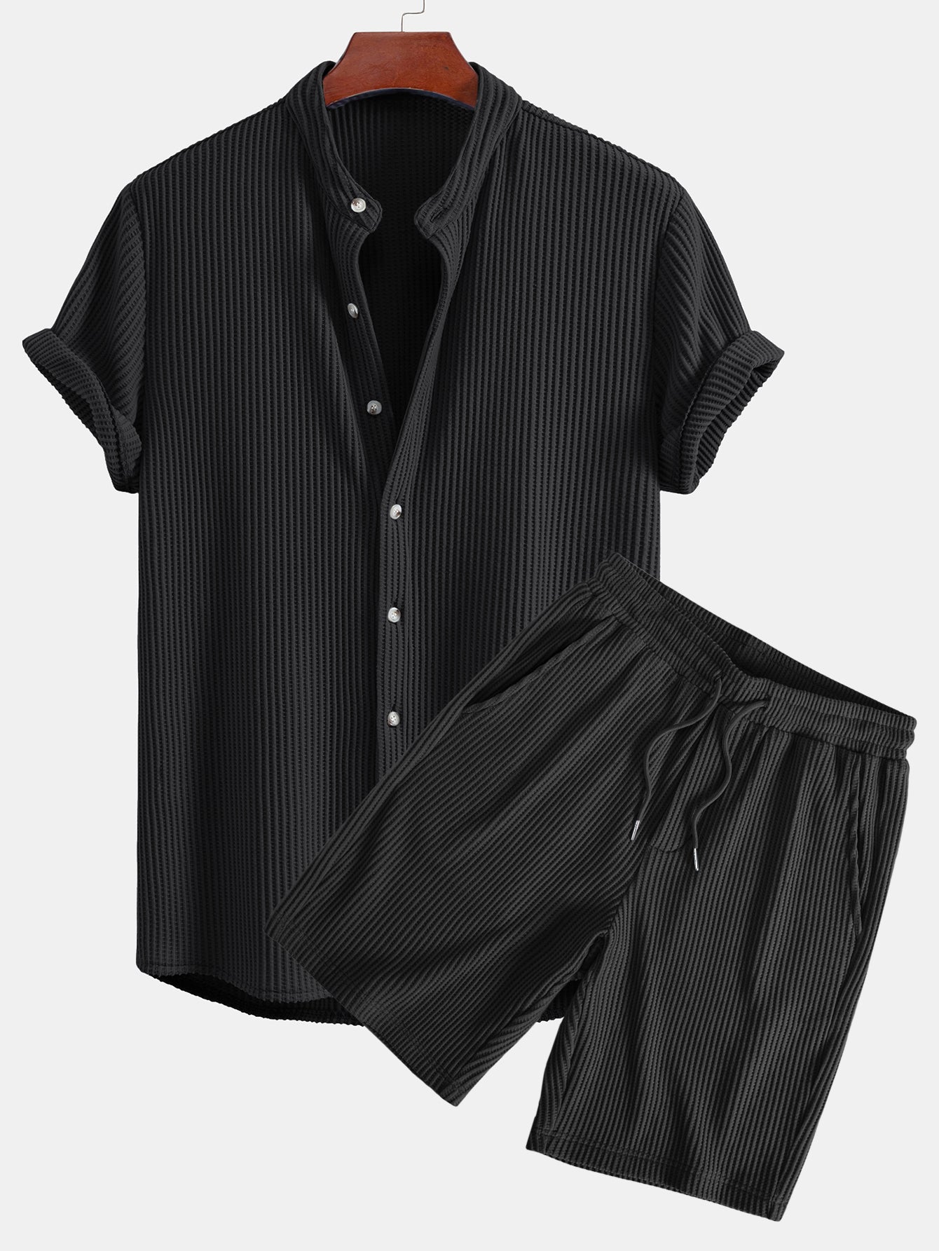 Adelmo® | Waffle Stand Collar Shirt & Drawstring Waffle Shorts