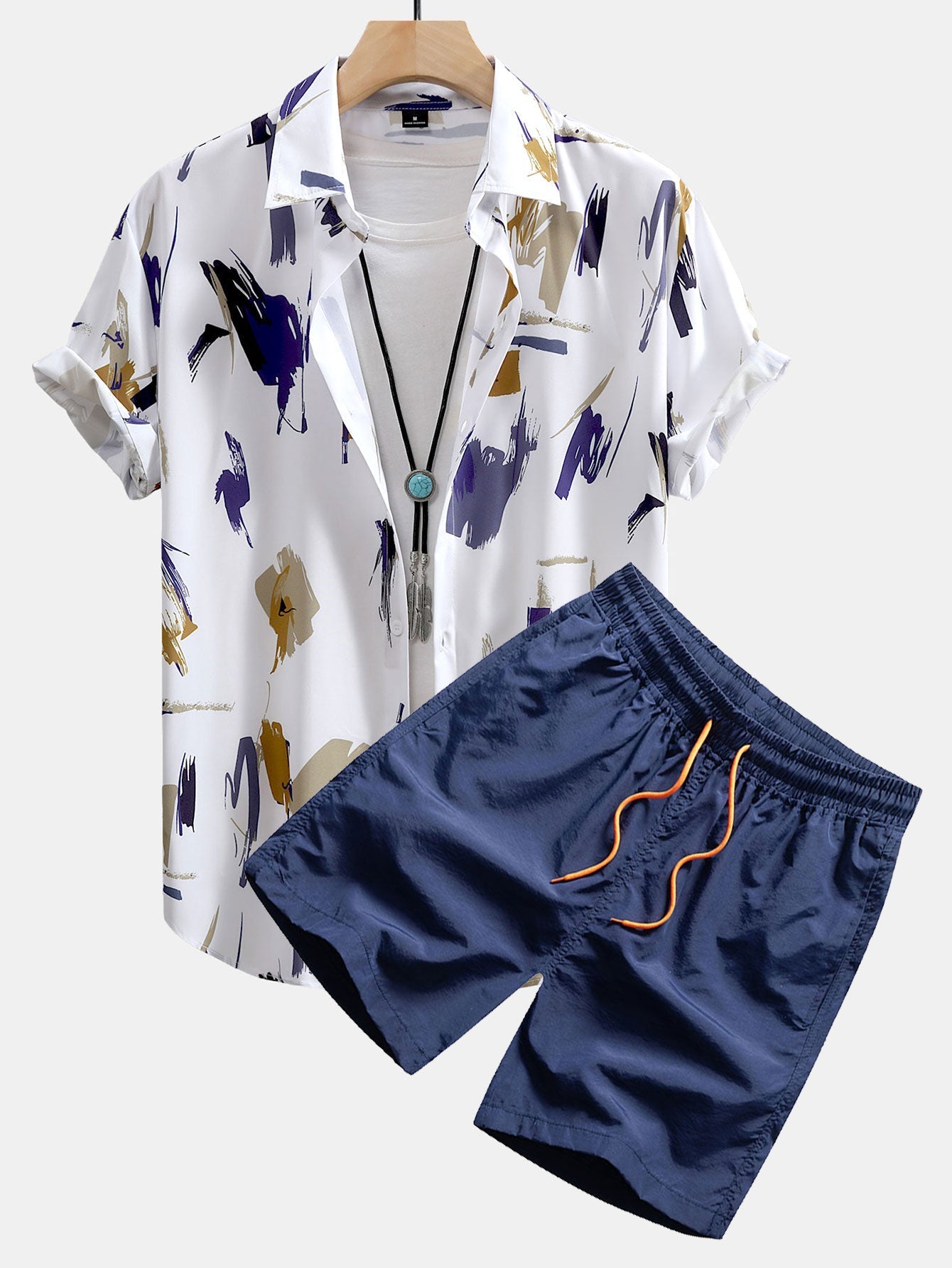 Adrean® | Brushstroke Print Button Up Shirt & Swim Shorts