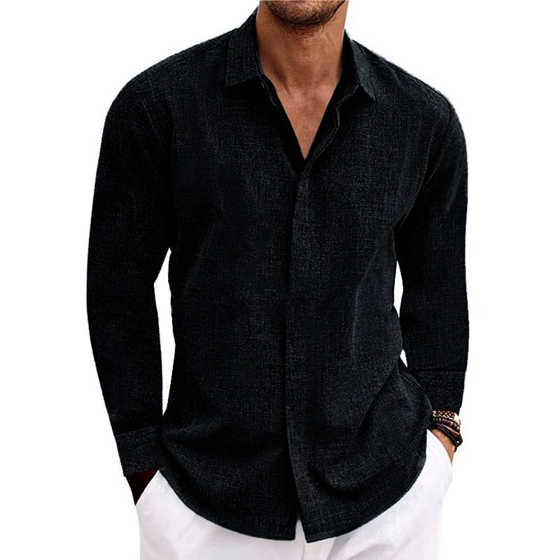 Bartel® | Men's Casual Loose Solid Color Cotton Linen Long Sleeve Shirt 01703150M