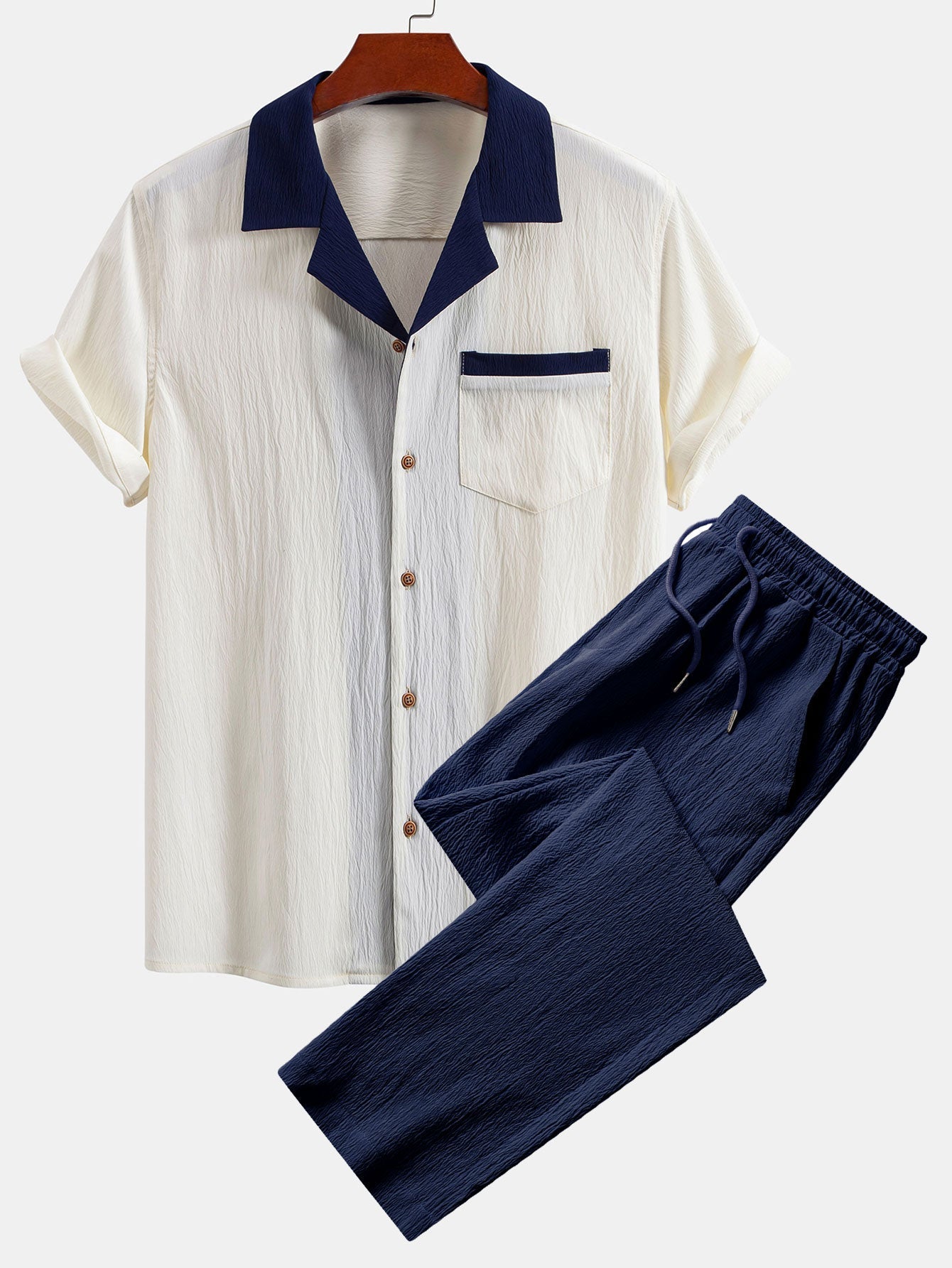 Atanasio® | Textured Contrast Cuban Shirt & Straight Leg Pants