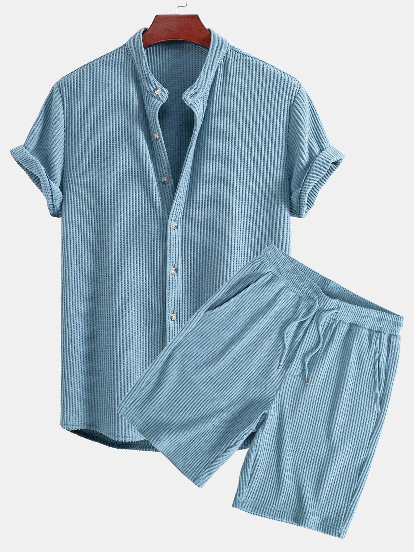 Adelmo® | Waffle Stand Collar Shirt & Drawstring Waffle Shorts