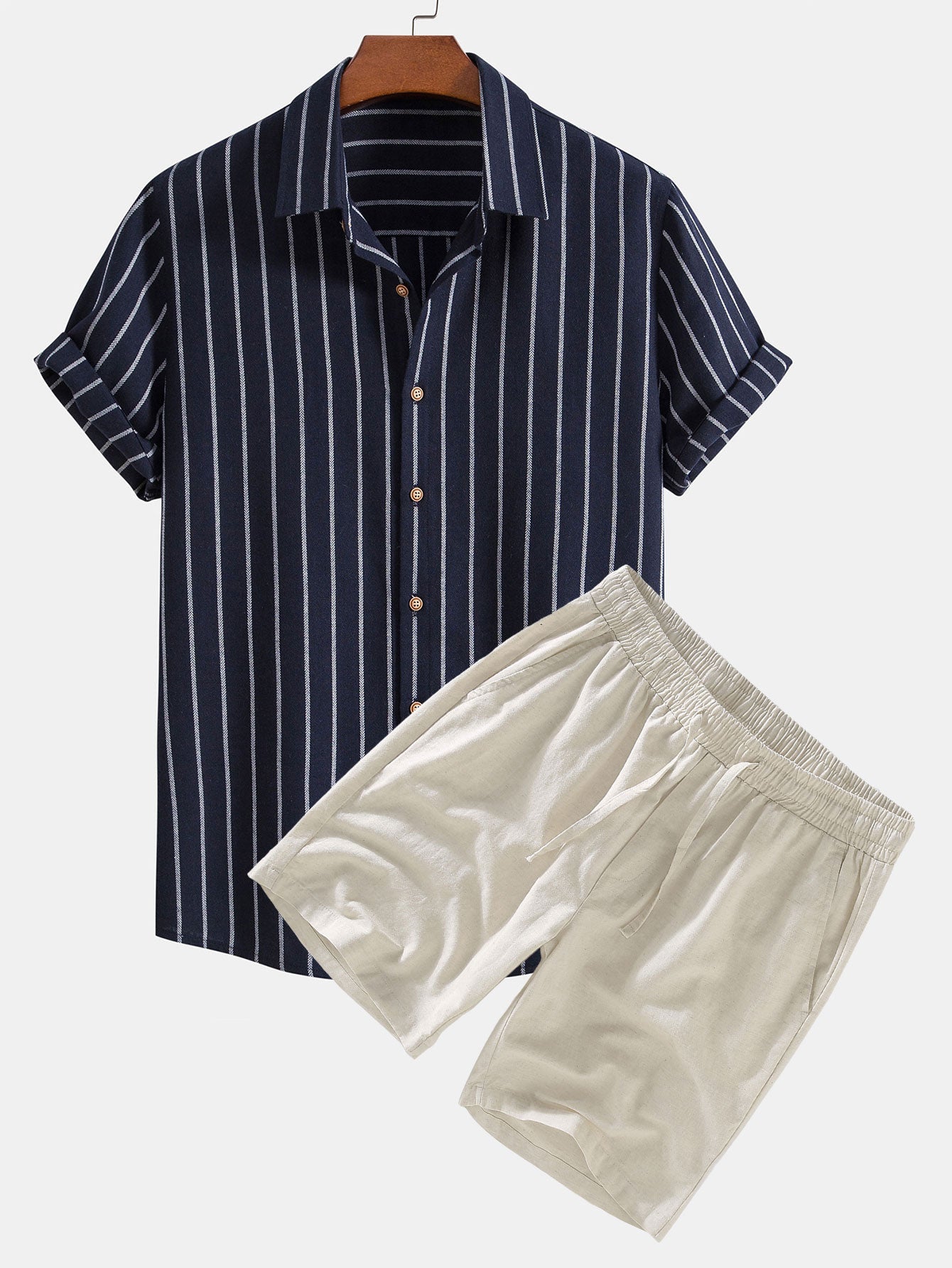 Adelphius® | Cotton Blend Striped Button Up Shirt & Linen Drawstring Shorts