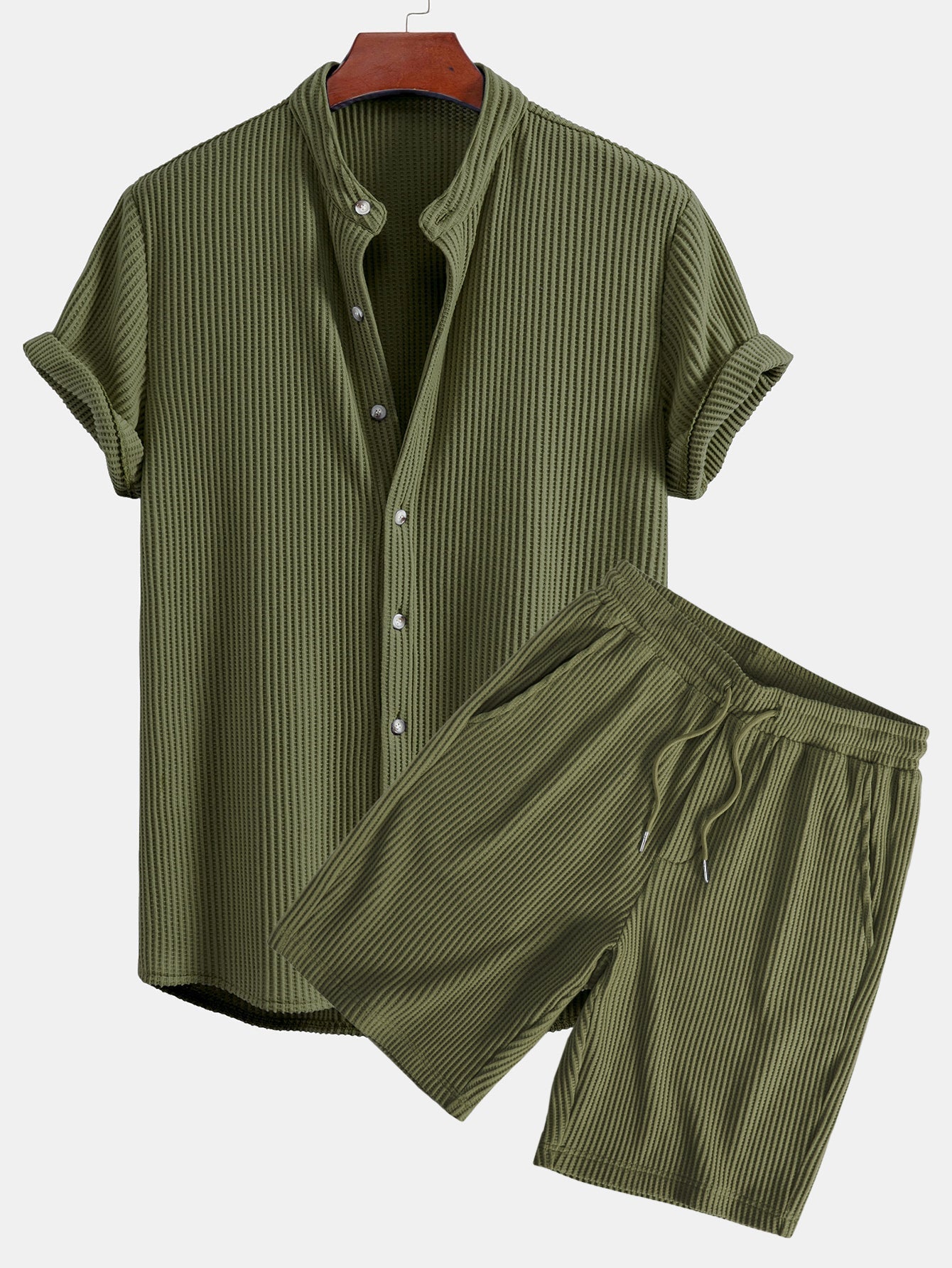 Adelmo® | Waffle Stand Collar Shirt & Drawstring Waffle Shorts