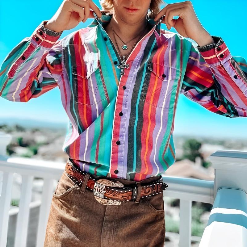 Beryl® | Men's Retro Color Block Stripe Printed Loose Long Sleeve Shirt 74916689M