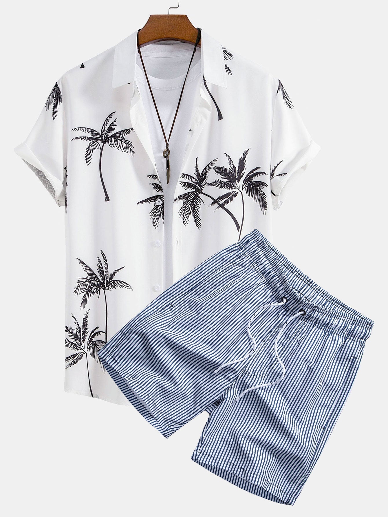 Arsenio® | Palm Tree Print Button Up Shirt & Stripe Print Swim Shorts