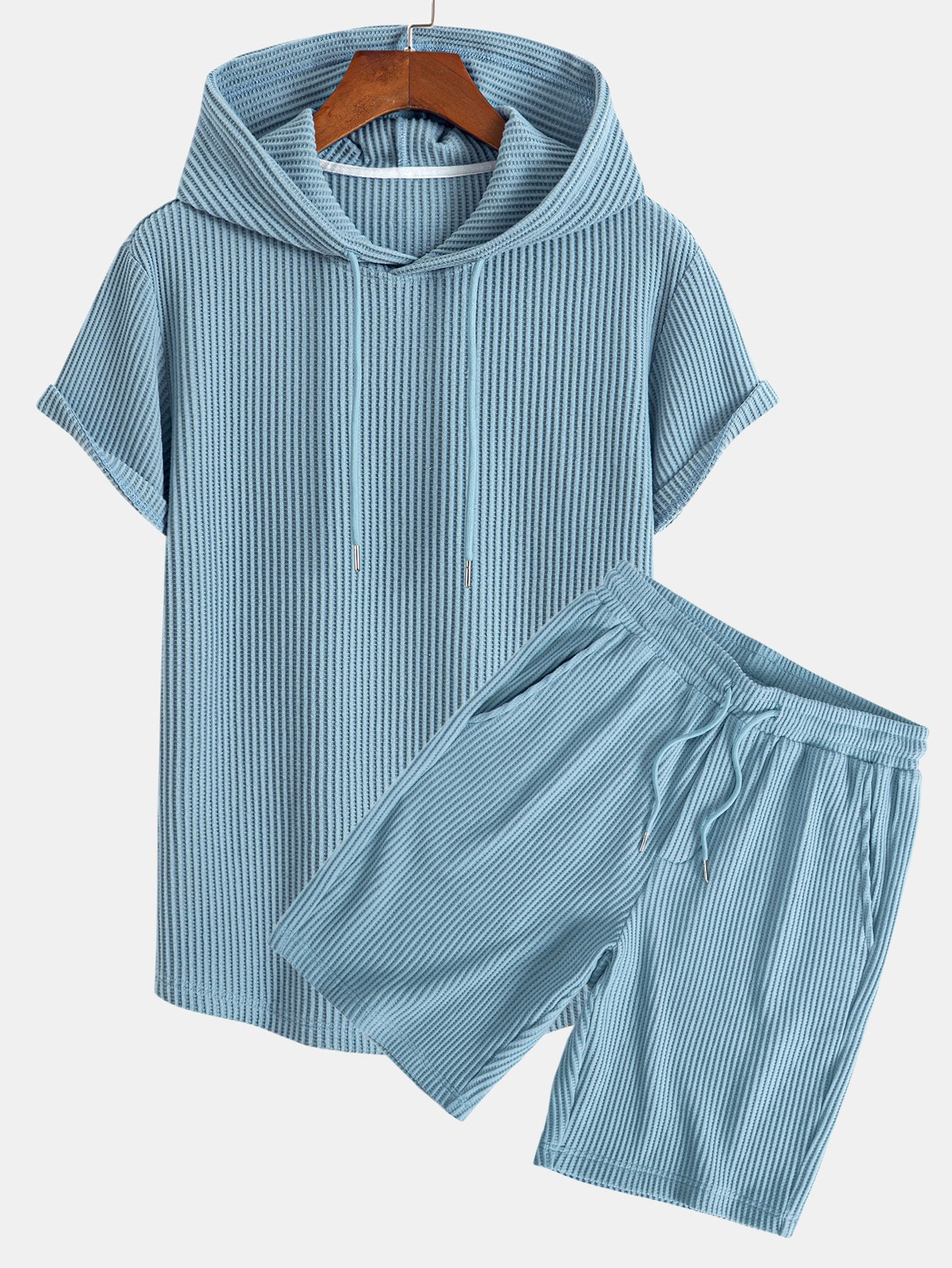 Adalton® | Knitted Waffle Arc Hem Hooded T-Shirt & Drawstring Waffle Shorts