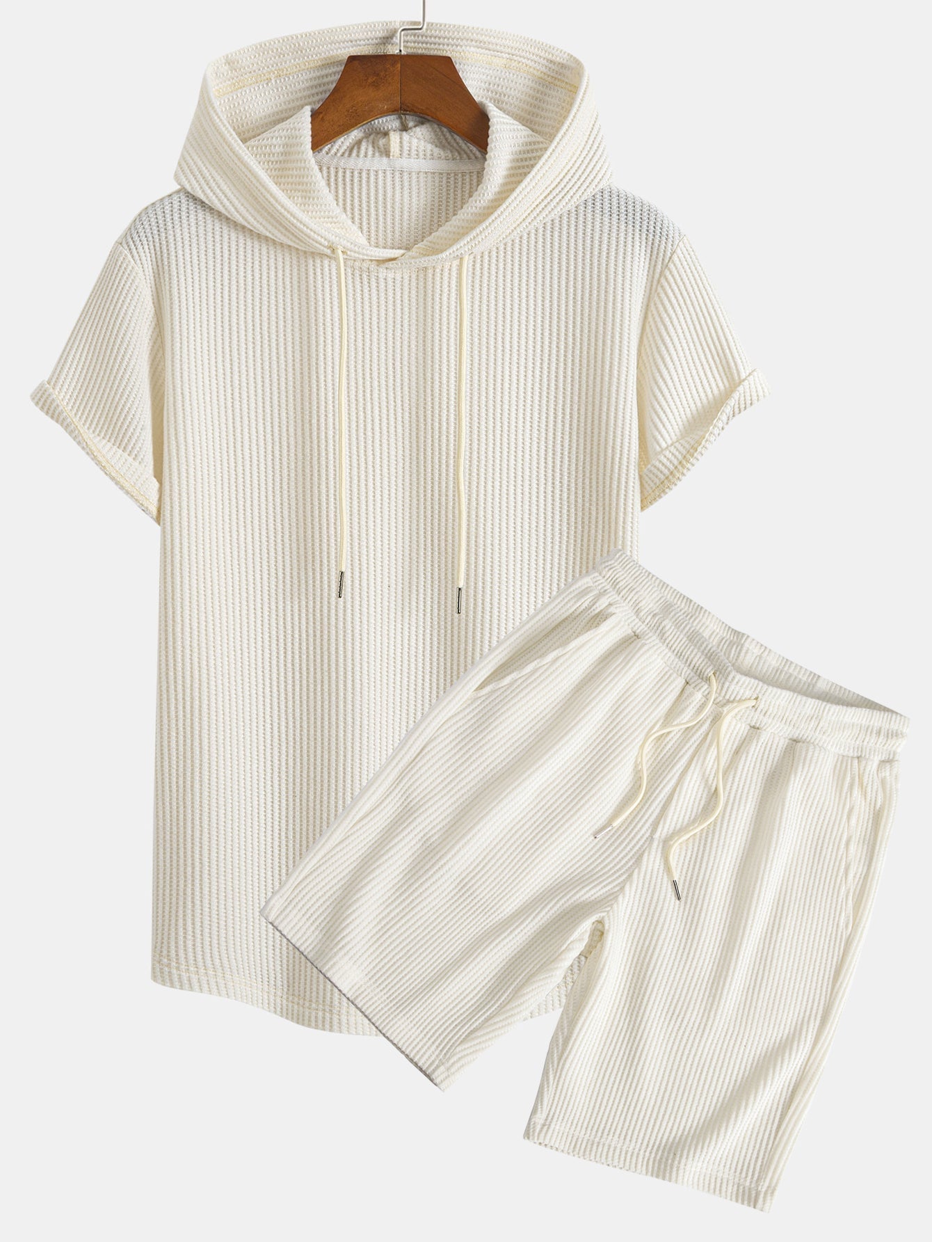 Adalton® | Knitted Waffle Arc Hem Hooded T-Shirt & Drawstring Waffle Shorts