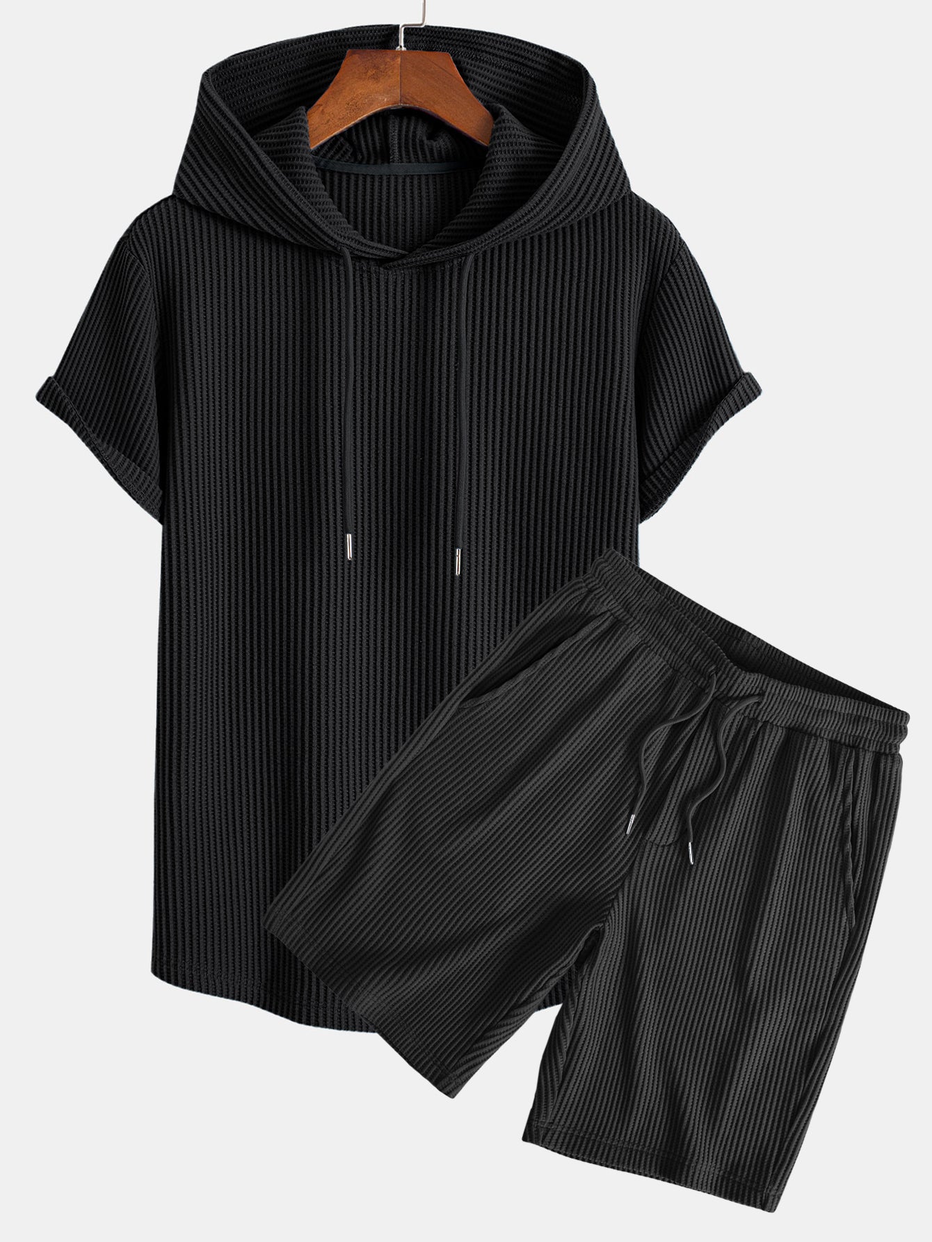 Adalton® | Knitted Waffle Arc Hem Hooded T-Shirt & Drawstring Waffle Shorts