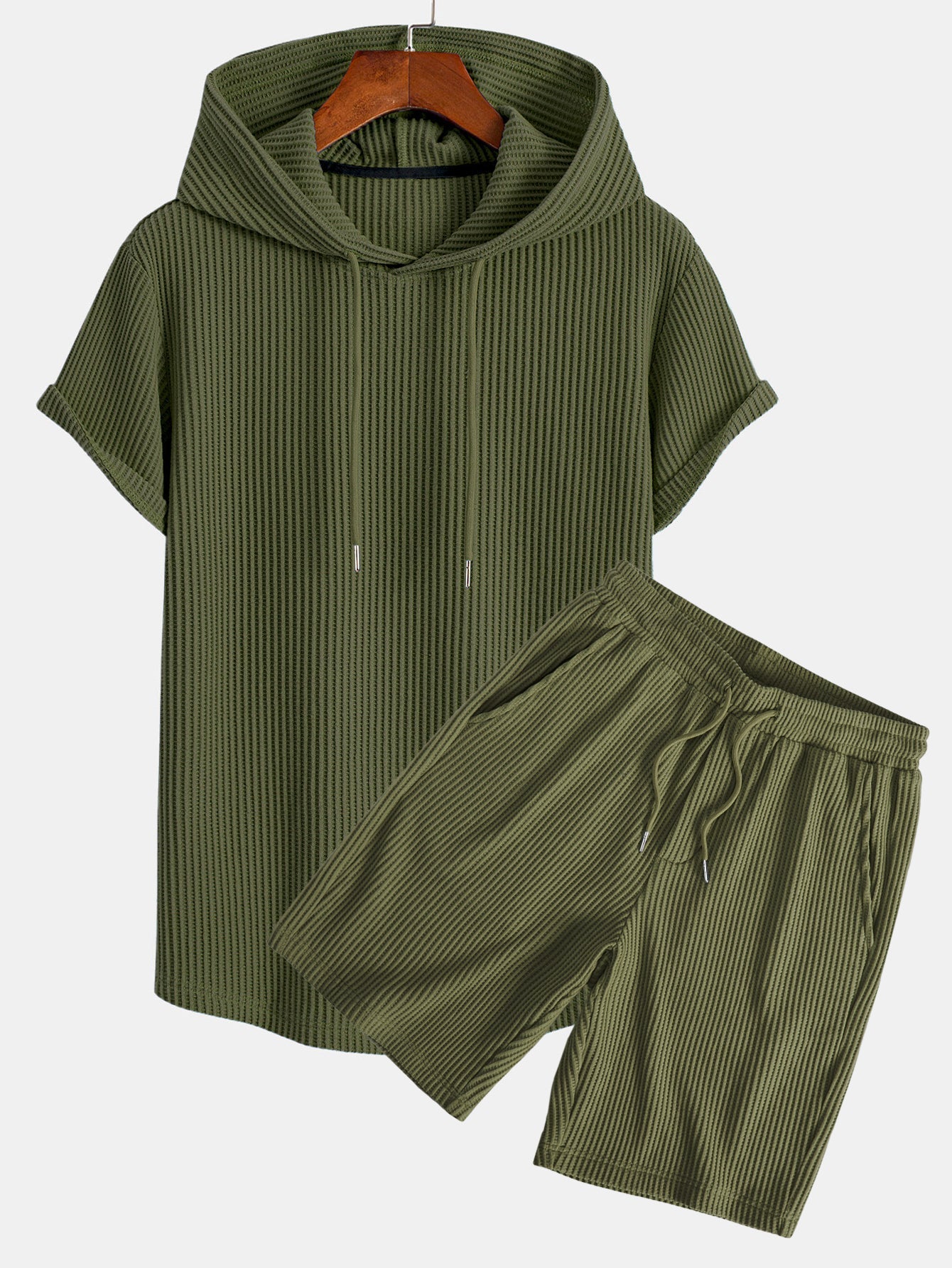 Adalton® | Knitted Waffle Arc Hem Hooded T-Shirt & Drawstring Waffle Shorts