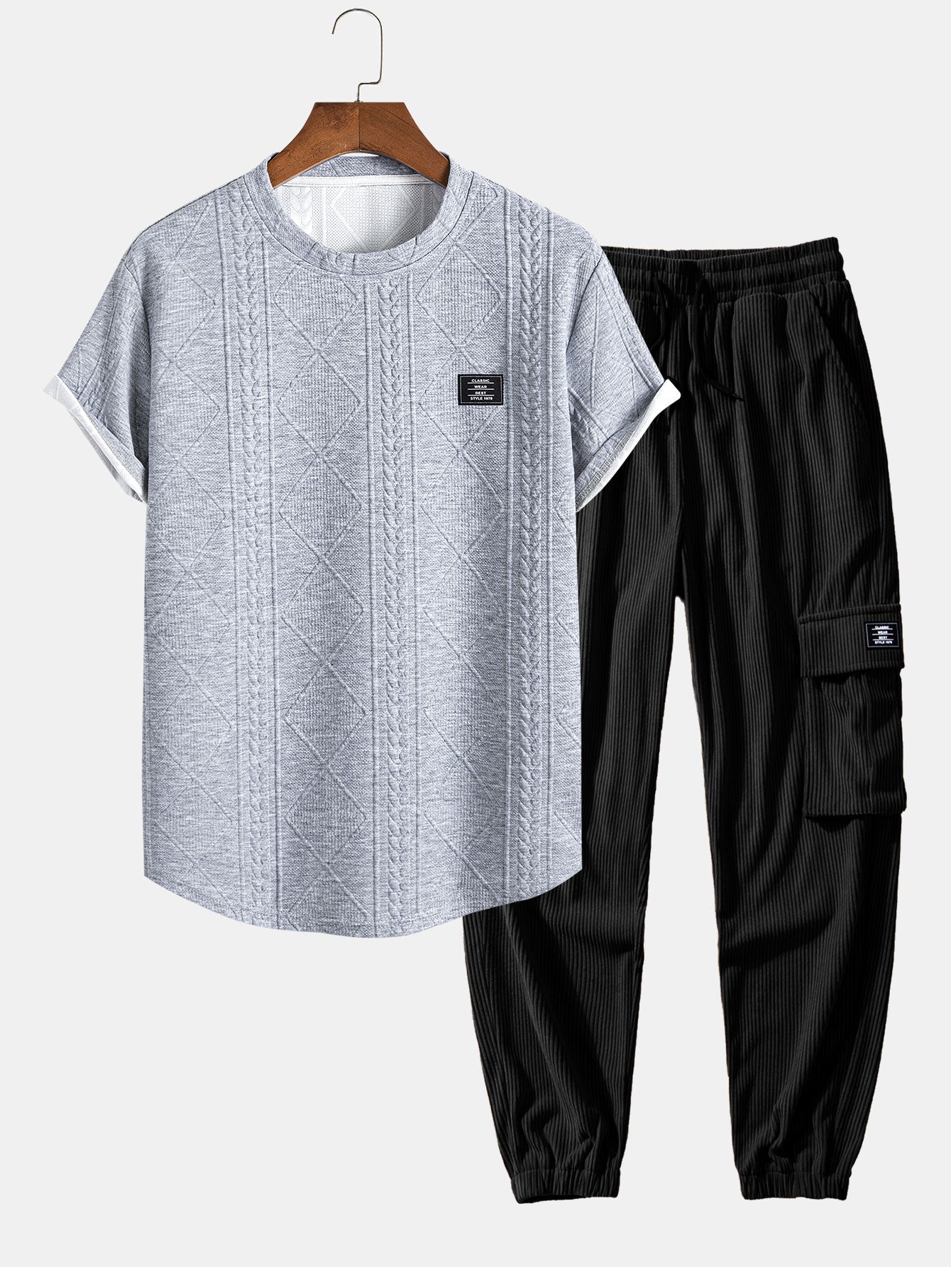 Andrés® | Short Sleeve Geometric Jacquard Arc Hem T-Shirt & Drawstring Corduroy Cargo Jogger Pants