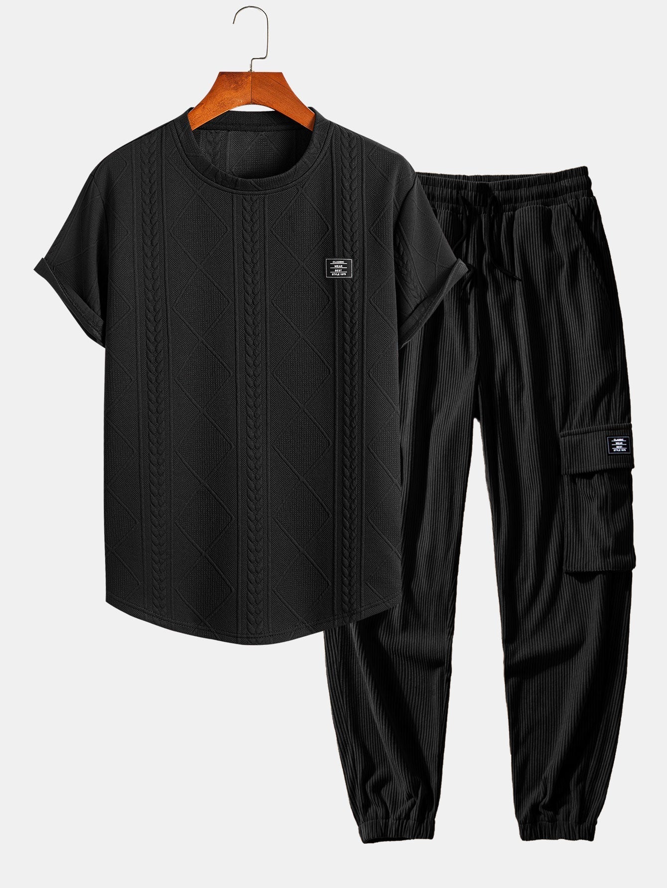 Andrés® | Short Sleeve Geometric Jacquard Arc Hem T-Shirt & Drawstring Corduroy Cargo Jogger Pants