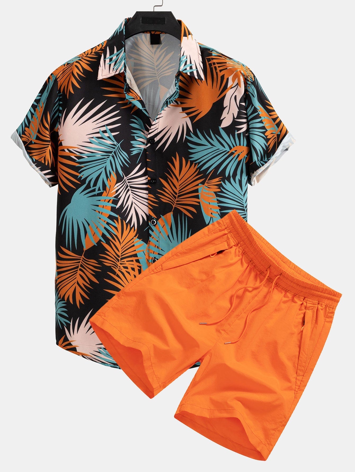 Adrastos® | Leaf Print Button Up Shirt & Man Mid Length Drawstring Swim Shorts