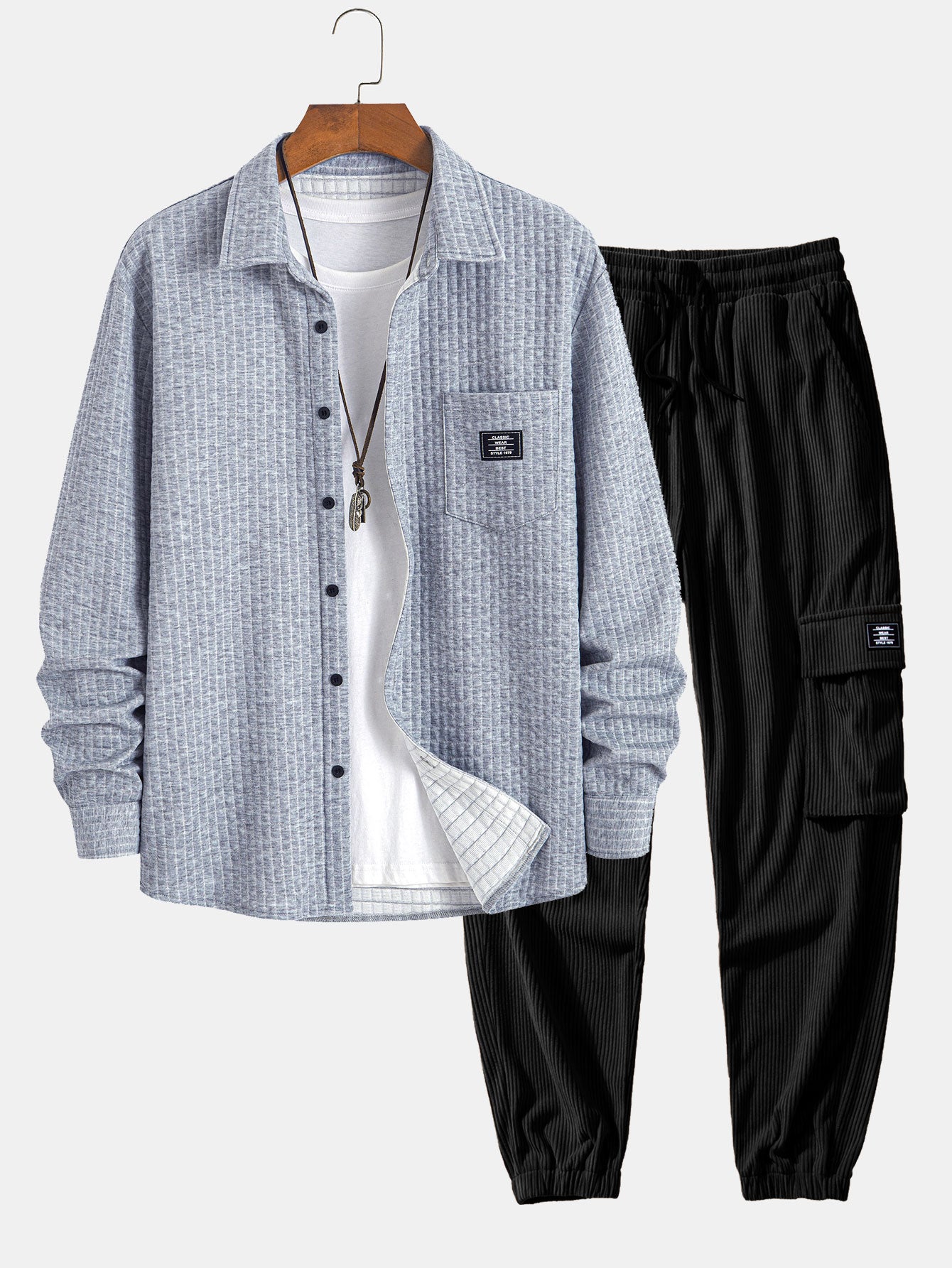 Arturo® | Waffle Button Up Shirt & Drawstring Corduroy Cargo Jogger Pants