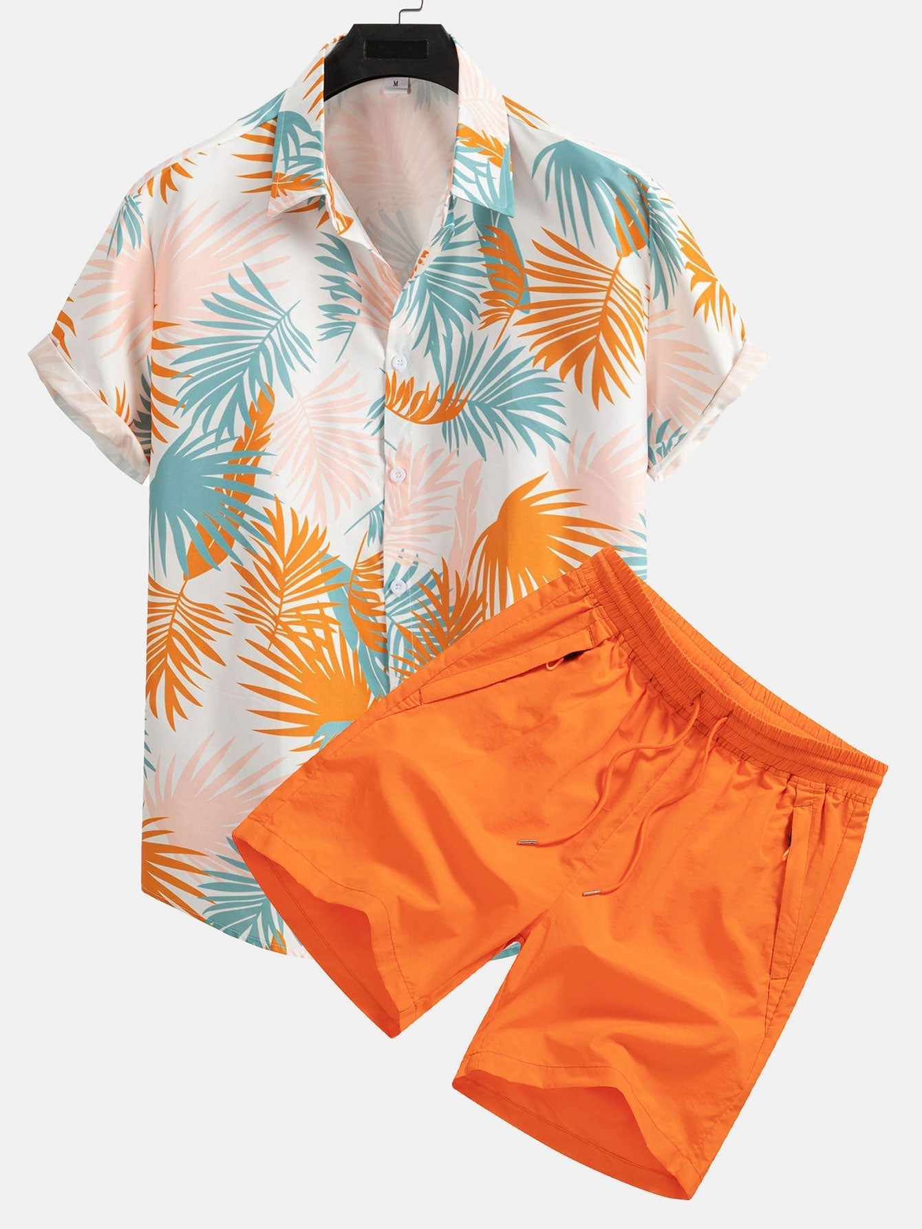 Adrastos® | Leaf Print Button Up Shirt & Man Mid Length Drawstring Swim Shorts