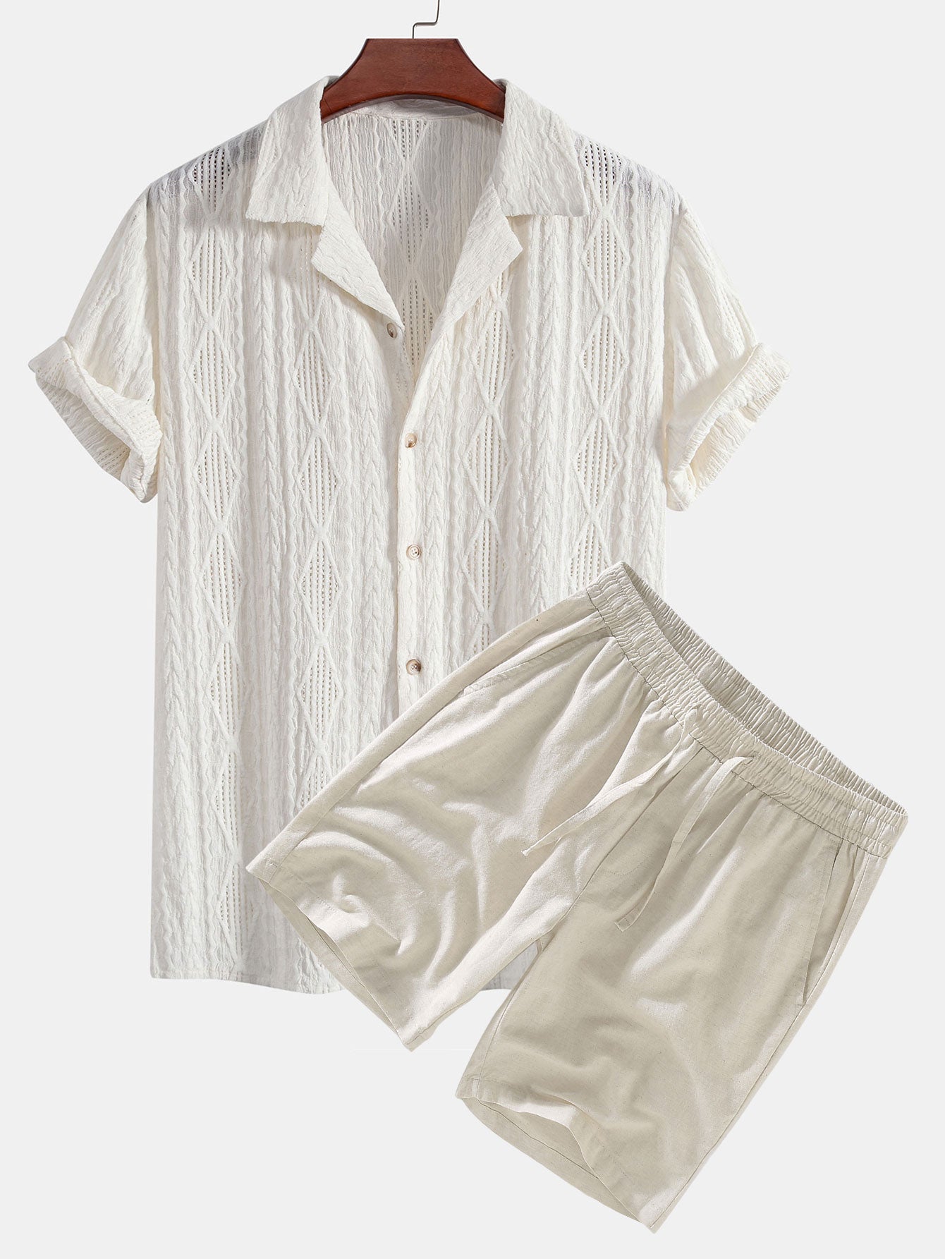 Adelin® | Geometric Jacquard Cuban Shirt & Linen Drawstring Shorts