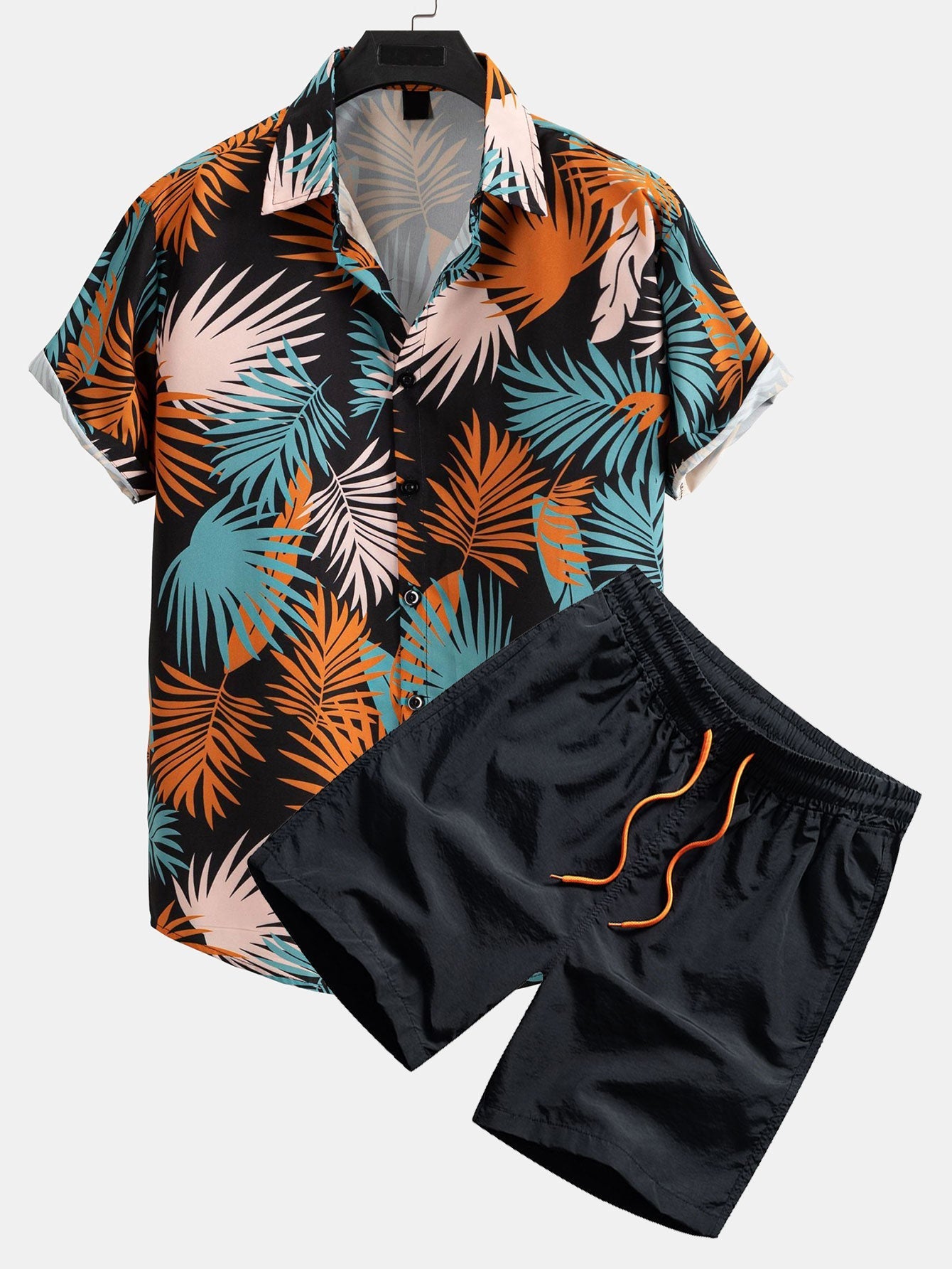 Adrastos® | Leaf Print Button Up Shirt & Man Mid Length Drawstring Swim Shorts