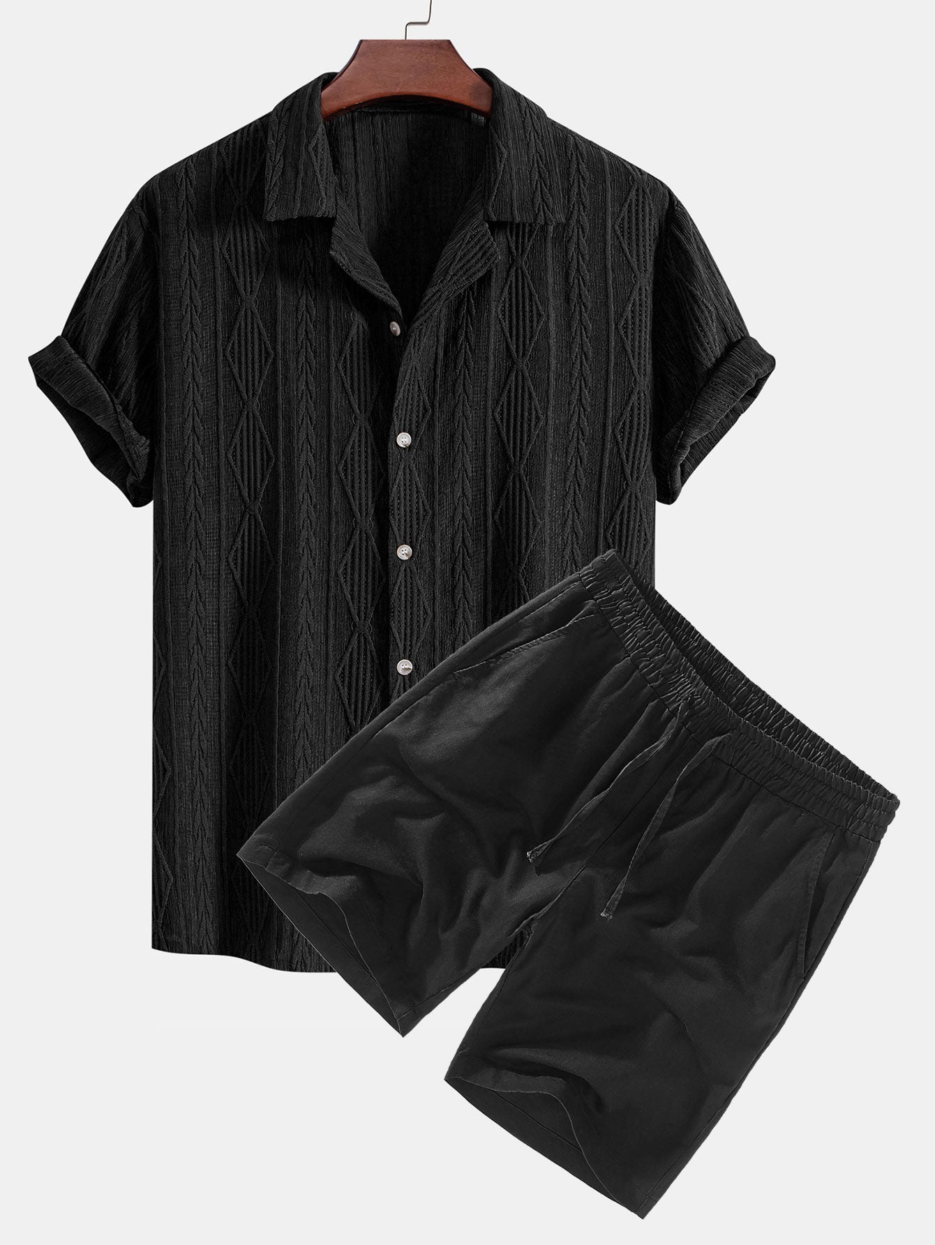 Adelin® | Geometric Jacquard Cuban Shirt & Linen Drawstring Shorts
