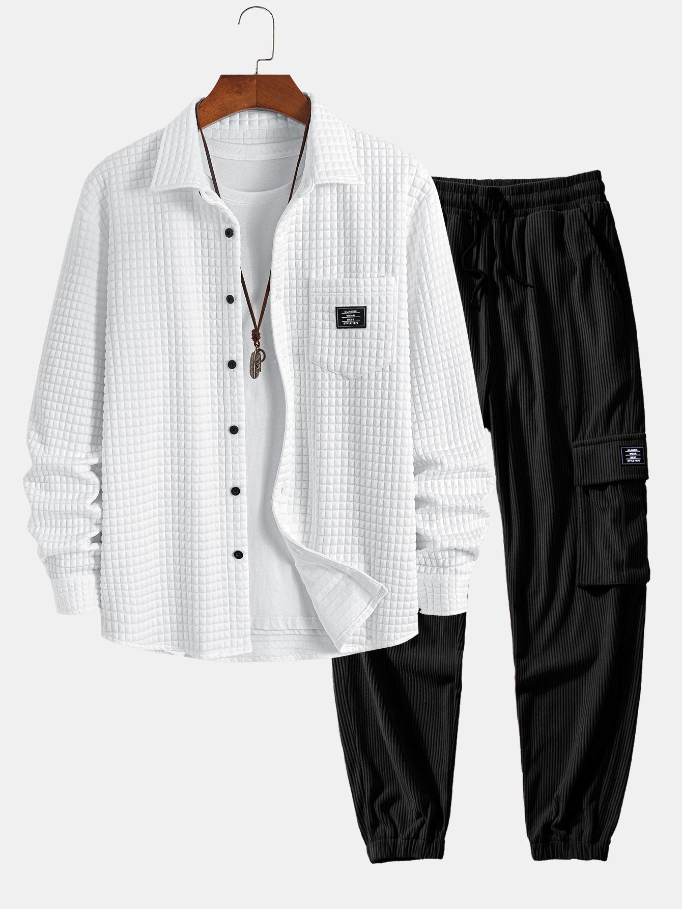 Arturo® | Waffle Button Up Shirt & Drawstring Corduroy Cargo Jogger Pants