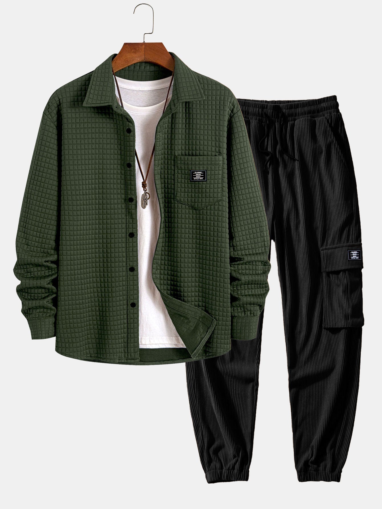 Arturo® | Waffle Button Up Shirt & Drawstring Corduroy Cargo Jogger Pants