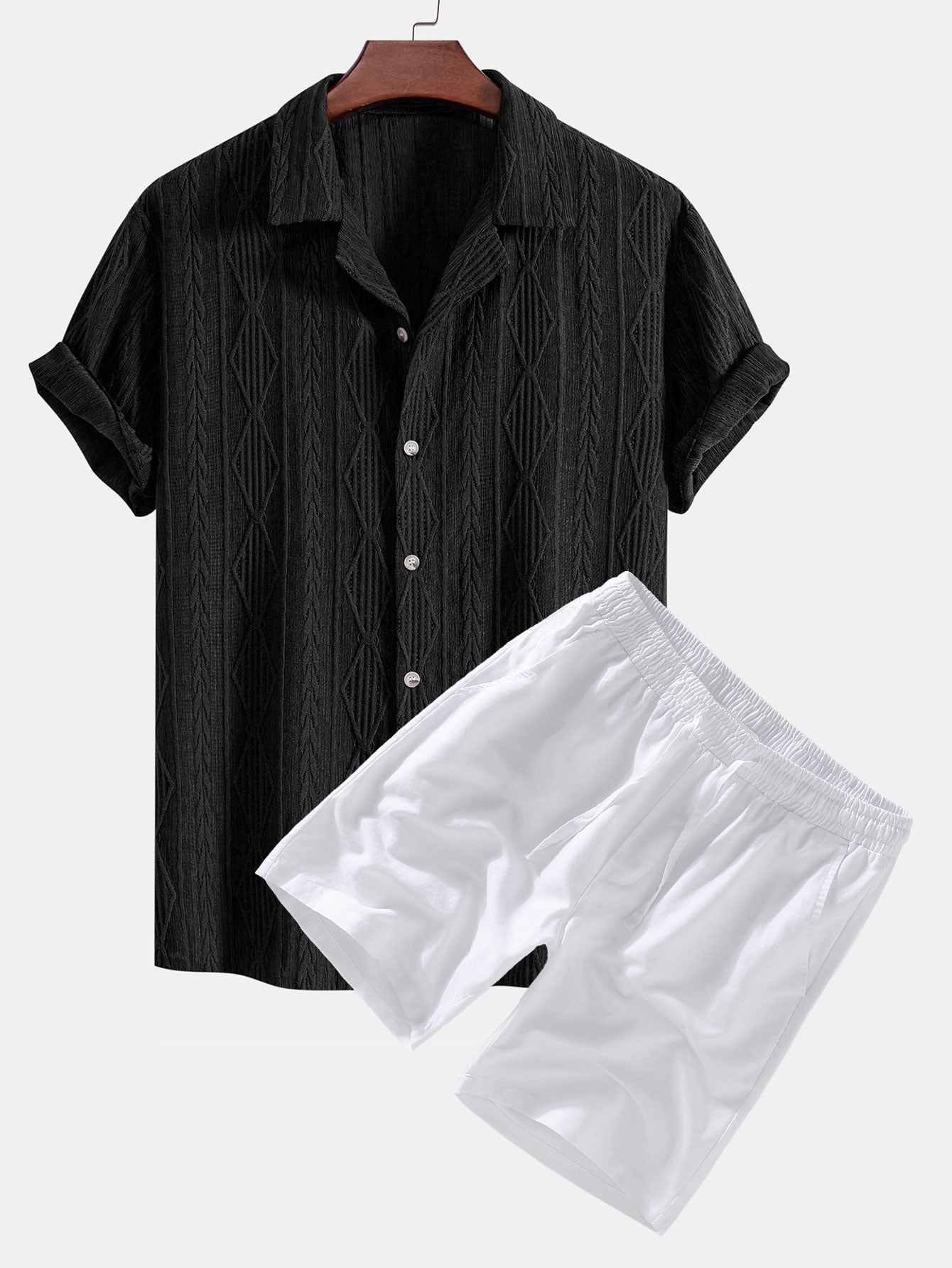 Adelin® | Geometric Jacquard Cuban Shirt & Linen Drawstring Shorts
