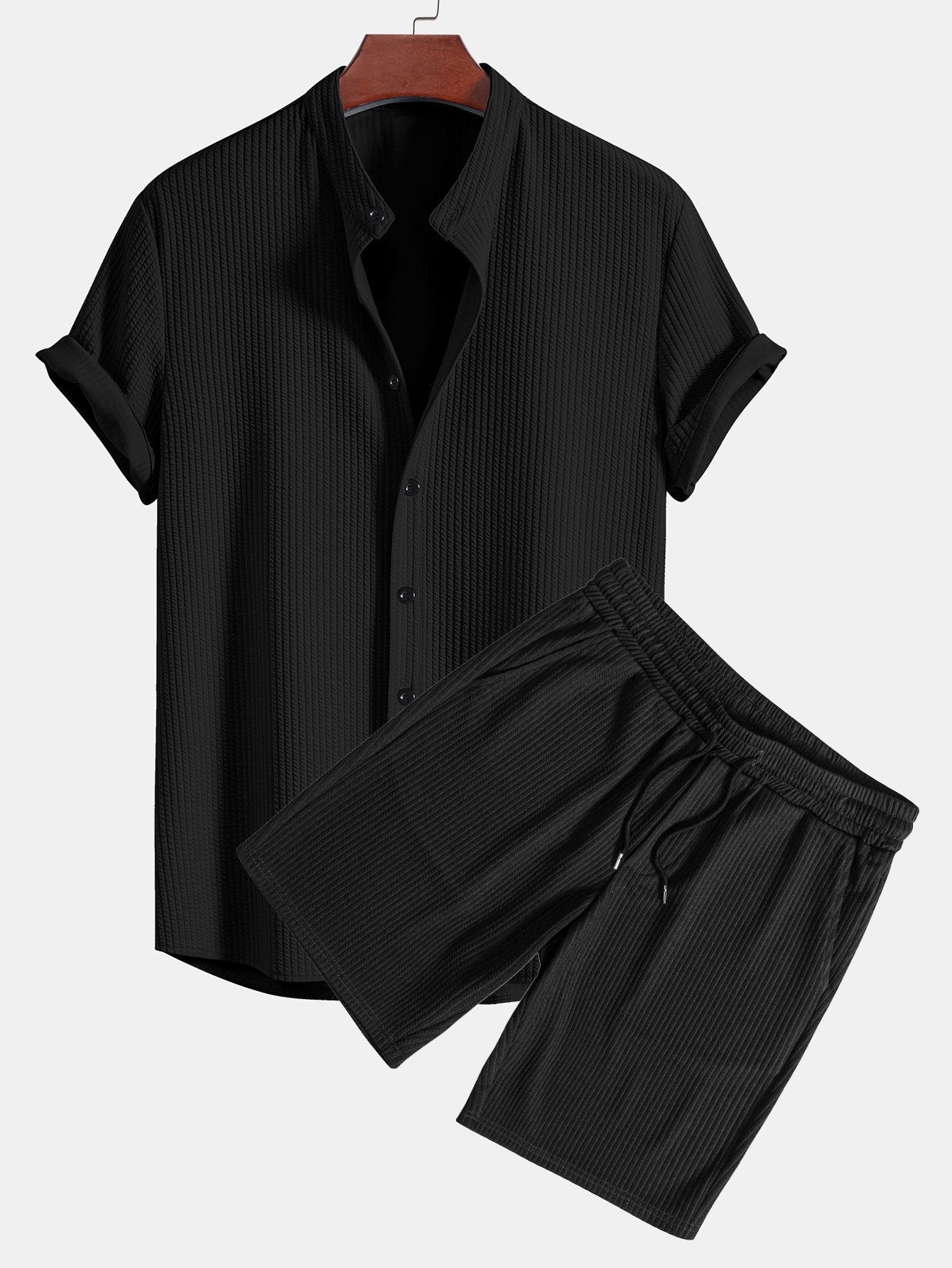 Adalgiso® | Muscle Fit Ribbed Stand Collar Shirt & Shorts