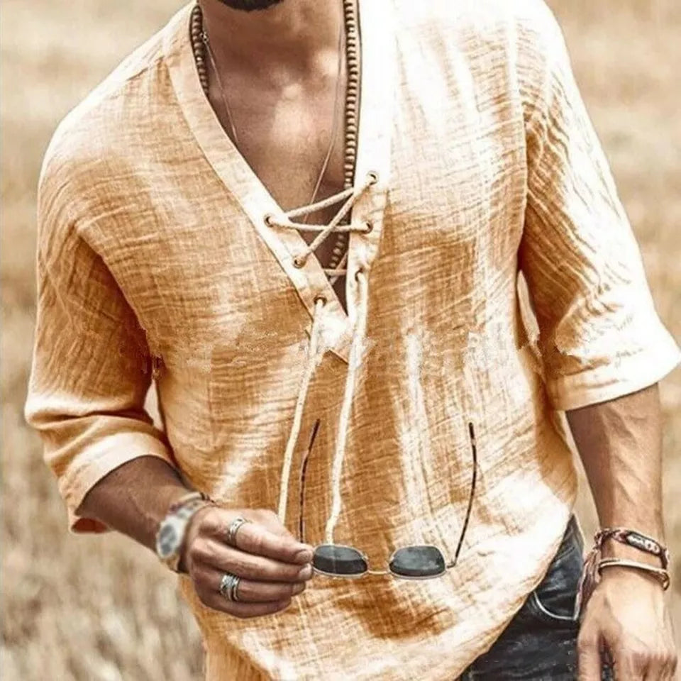 Angel® | Men'S Shirt In Cotton Linen With V-Neck And Lacing