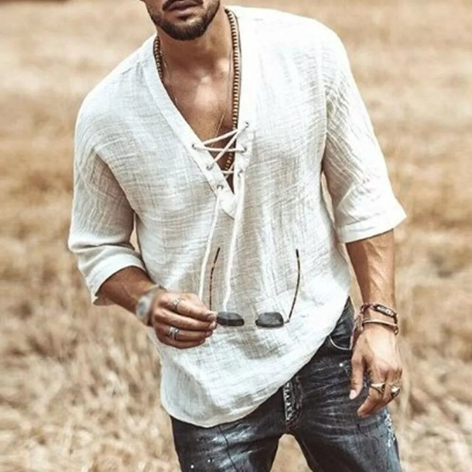 Angel® | Men'S Shirt In Cotton Linen With V-Neck And Lacing
