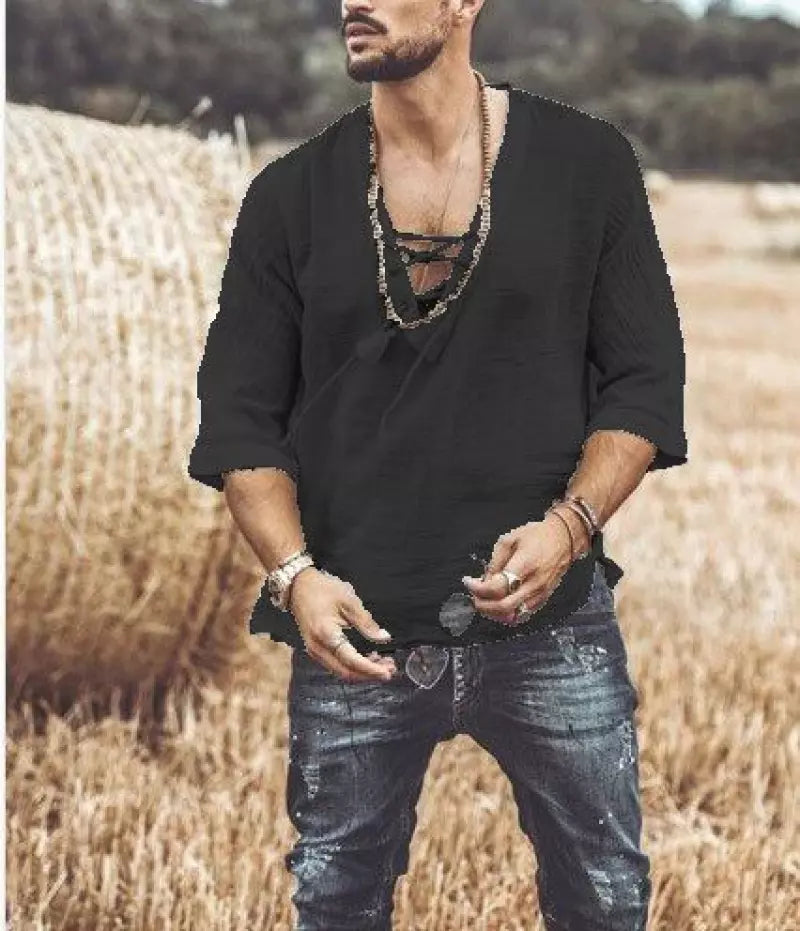 Angel® | Men'S Shirt In Cotton Linen With V-Neck And Lacing