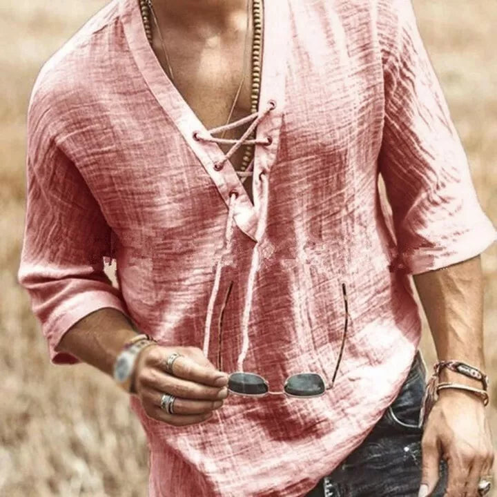 Angel® | Men'S Shirt In Cotton Linen With V-Neck And Lacing