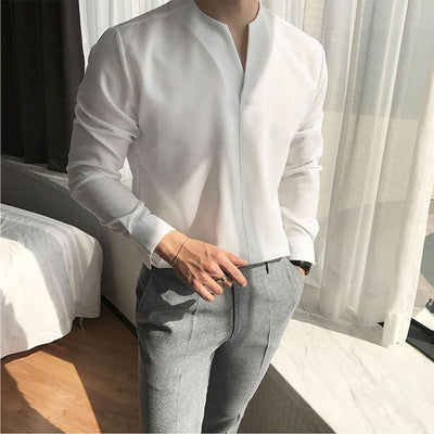 Chauncey® | Men'S Casual Solid Color Long-Sleeved V-Neck Shirt
