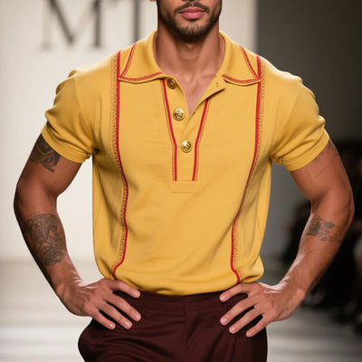 Men's Vine Casal Striped Embroidered Cotn Short Sleeve Polo Shirt