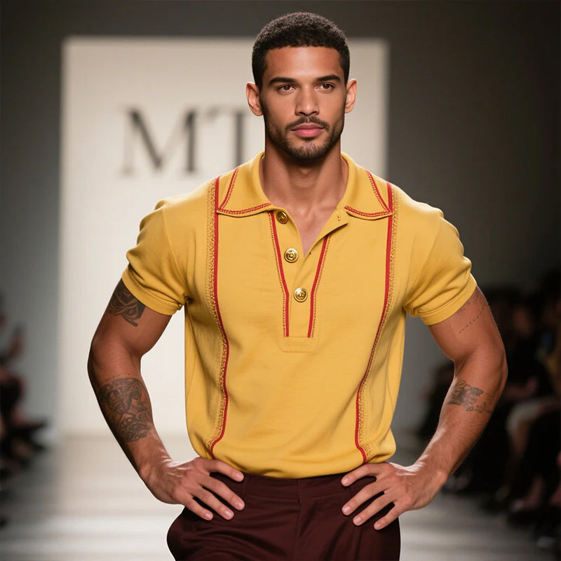 Men's Vine Casal Striped Embroidered Cotn Short Sleeve Polo Shirt