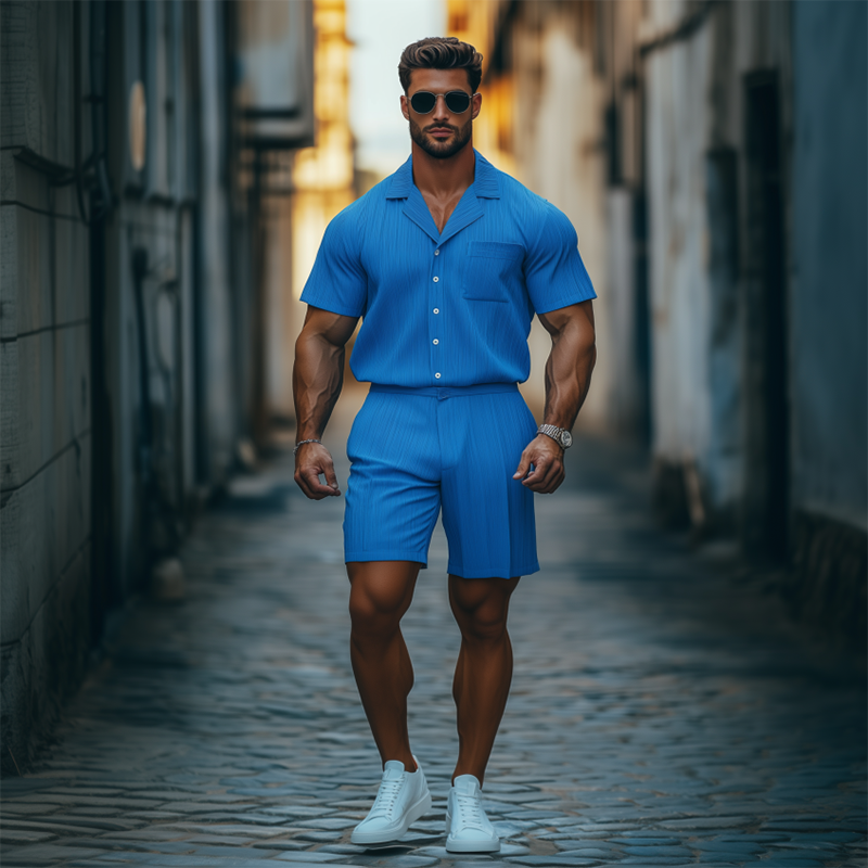 Jesus | Men'S Spring And Summer Fashion Casual Cool Pleated Fabric Short-Sleeved Shirt Shorts Set