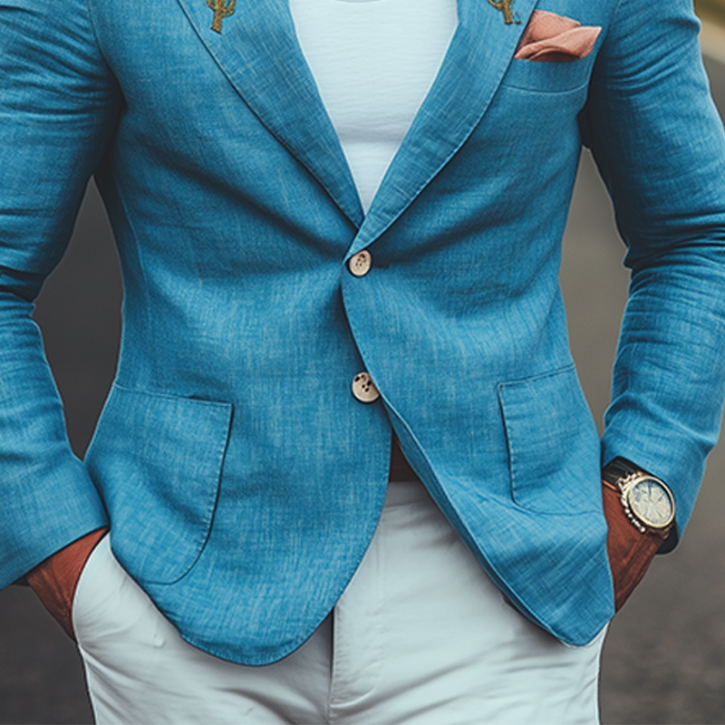 Patricio | Men'S Spring And Summer Casual American Western Tough Style Cactus Embroidered Blue Cotton And Linen Single-Breasted Blazer