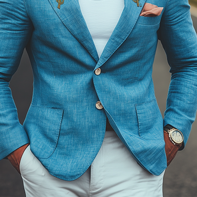 Patricio | Men'S Spring And Summer Casual American Western Tough Style Cactus Embroidered Blue Cotton And Linen Single-Breasted Blazer