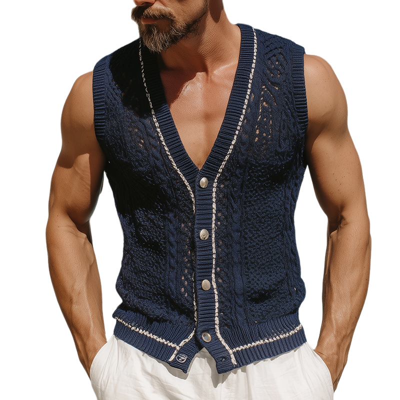 Dennis | Men'S Retro Colorblock Knitted Collarless Single Breasted Vest