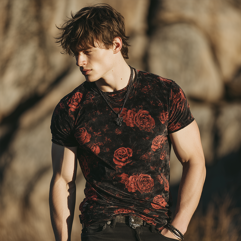 Harry | Men'S Retro Casual Rose Print Velvet Round Neck Short Sleeve T-Shirt