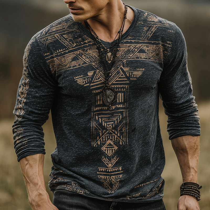 Brian | Men'S Retro Casual Wilderness Ethnic Style Printed Round Neck Long Sleeve T-Shirt