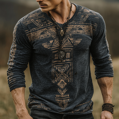 Brian | Men'S Retro Casual Wilderness Ethnic Style Printed Round Neck Long Sleeve T-Shirt