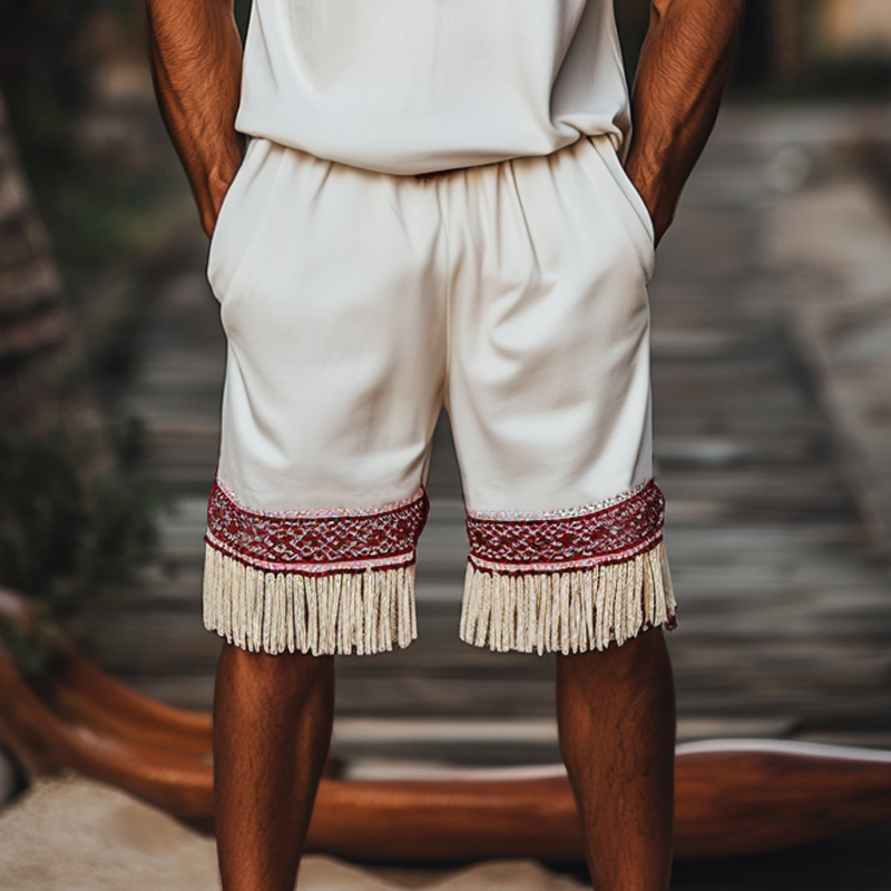 Douglas | Men'S Bohemian Embroidered Tassels Cotton Elastic Waist Loose Shorts