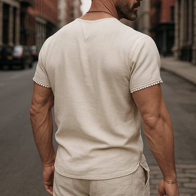 Stuart | Men'S Summer Breathable And Comfortable Linen Lace V-Neck Short-Sleeved T-Shirt