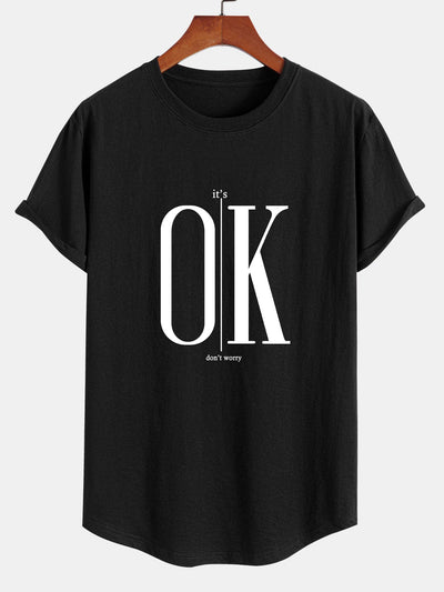 Beau® | Ok Slogan Print Cotton Arc Hem T-Shirt