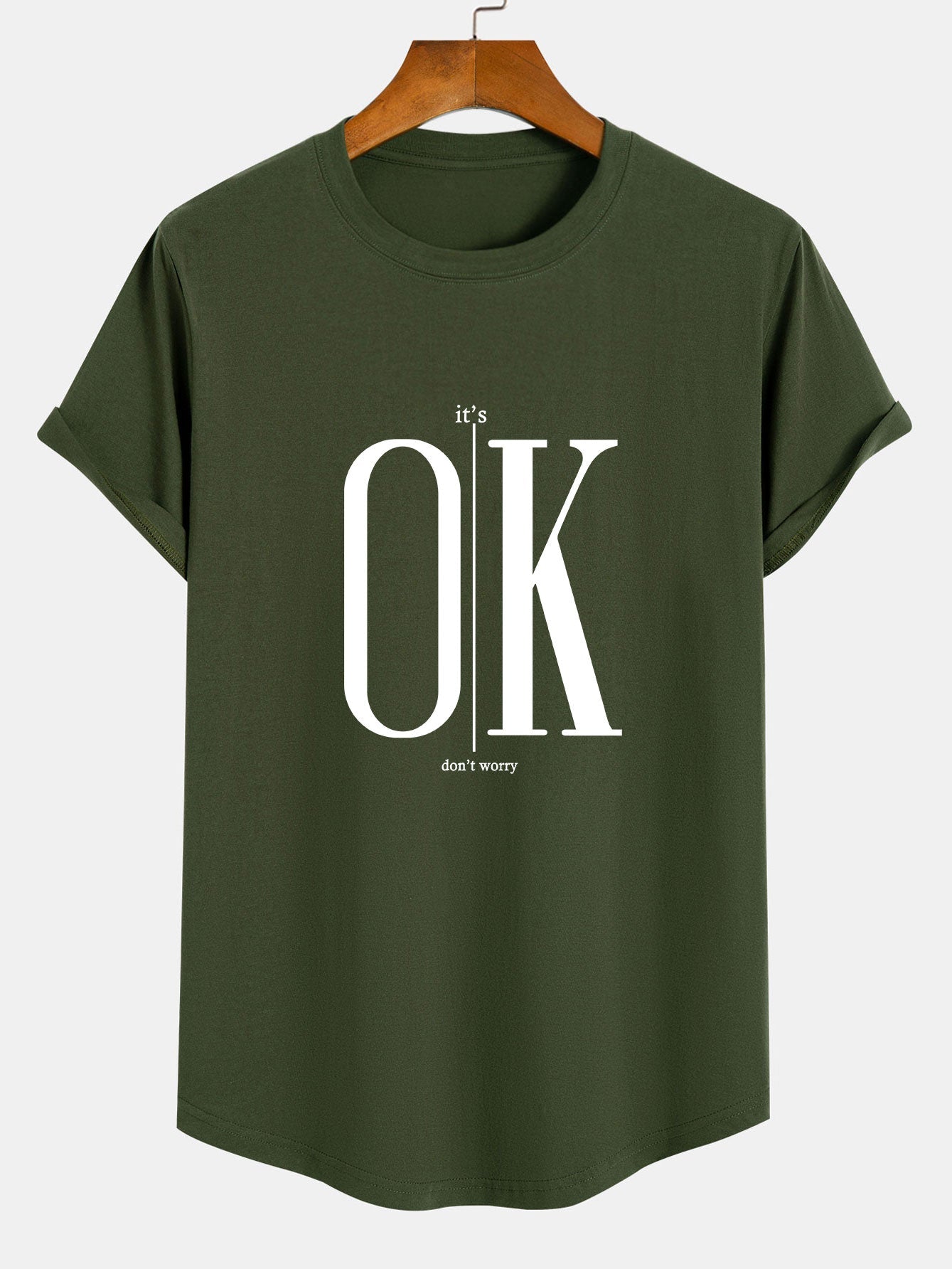 Brett® | Ok Slogan Print Cotton Arc Hem T-Shirt